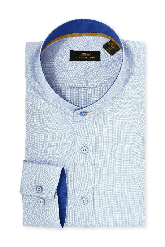 Steven Land | Banded Collar Textured Stretch Dress Shirt in Blue Color