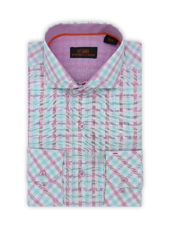 Steven Land | Semi Cutaway Trim Collar Poplin Check Shirt | Berry