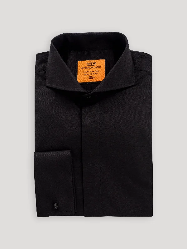 Poplin Dress Shirt Hidden Placket 100% Cotton | Cutaway Collar | French Cuff | Color Black