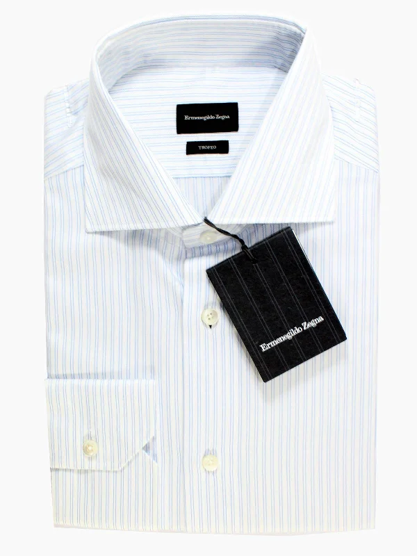 Elegant Outline Ermenegildo Zegna Dress Shirt Trofeo - White Blue Stripes 38 - 15