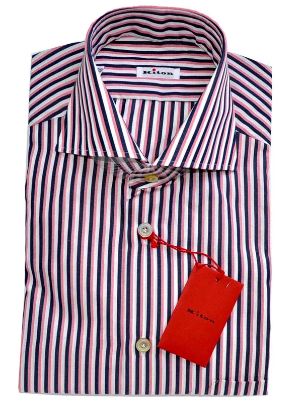 Urban Design Sense Kiton Shirt White Navy Pink Stripes 37 - 14 1/2 REDUCED - SALE