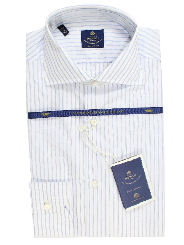 Personal Charm Luigi Borrelli Dress Shirt ROYAL COLLECTION White Blue Quadruple Stripes 38 -15 SALE Personal Charm Luigi Borrelli Dress Shirt ROYAL COLLECTION White Blue Quadruple Stripes 38 -15 SALE