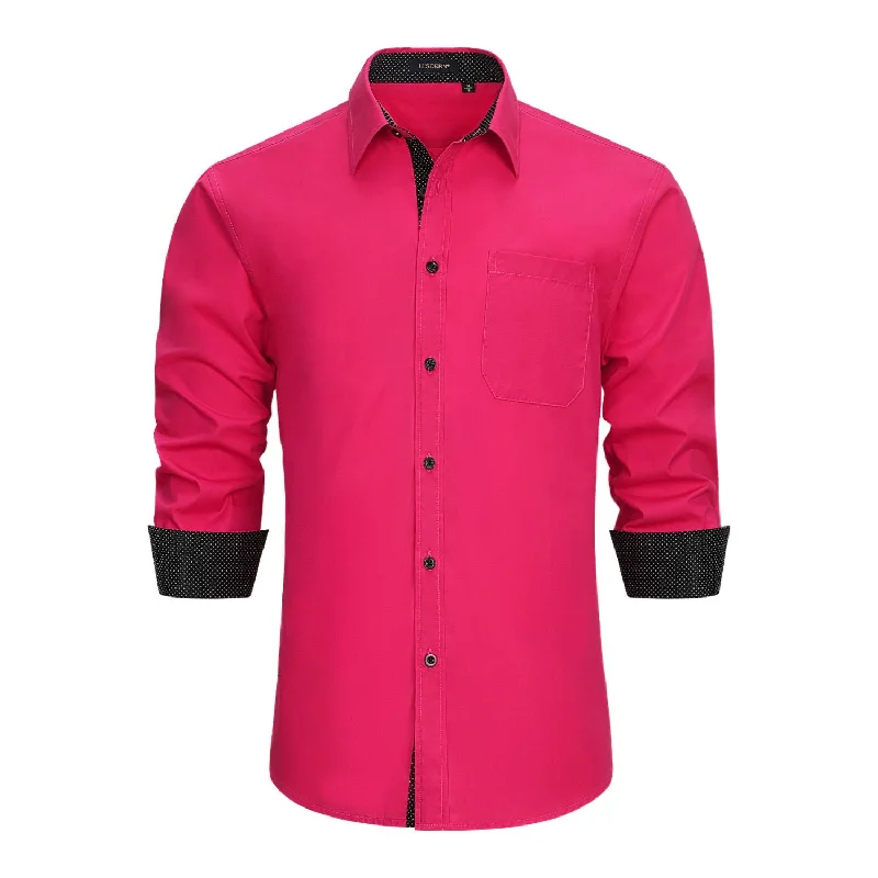 Classic Design Men's Patchwork Dress Shirt with Pocket - HOT PINK