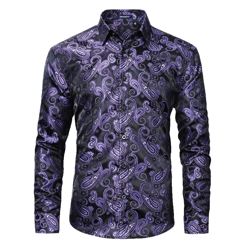 Men's Long Sleeve Shiny Shirt With Printing - PURPLE