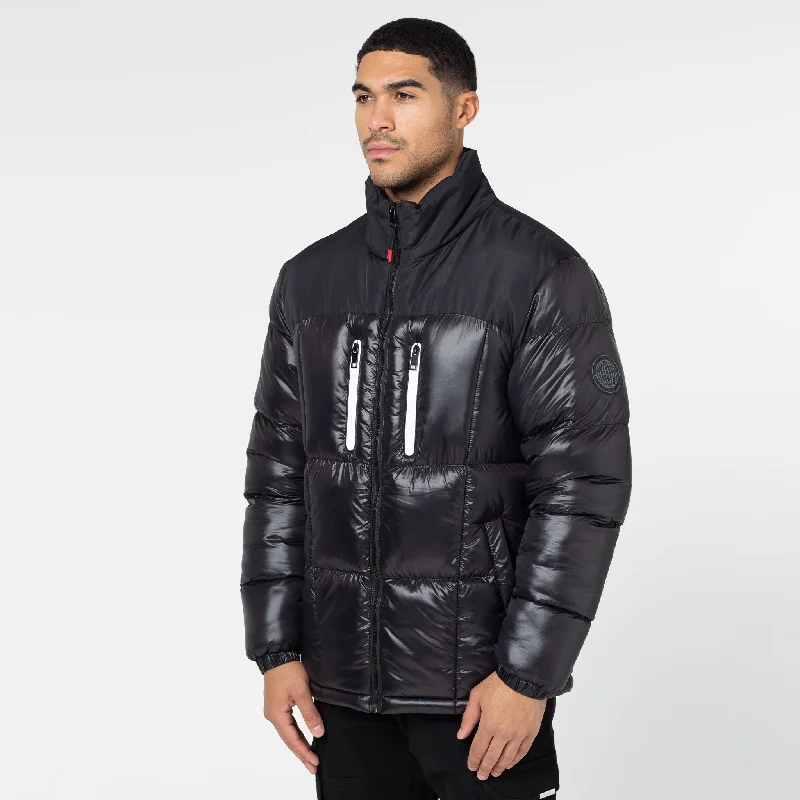 Contrast Zipped Funnel Neck Puffer Jacket | Black Shine