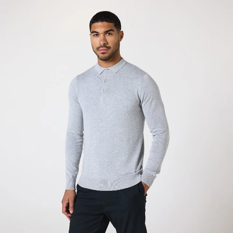 Long Sleeve Knitted Polo | Light Grey Marl