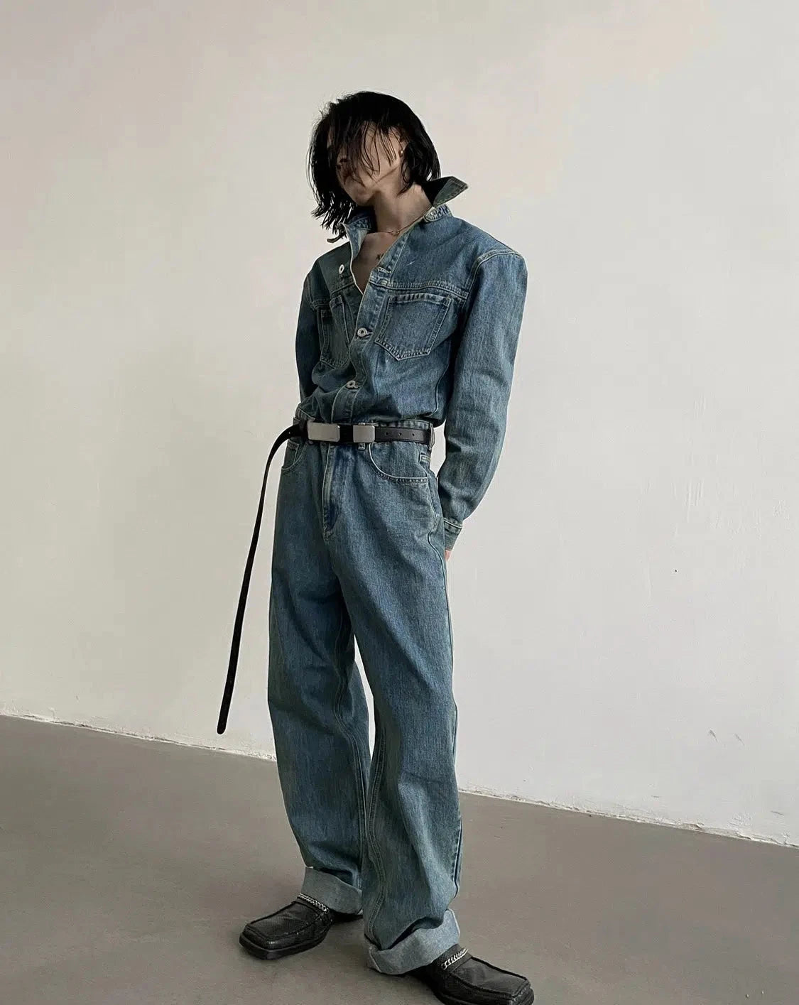 Blue Long-sleeved Denim Jumpsuit