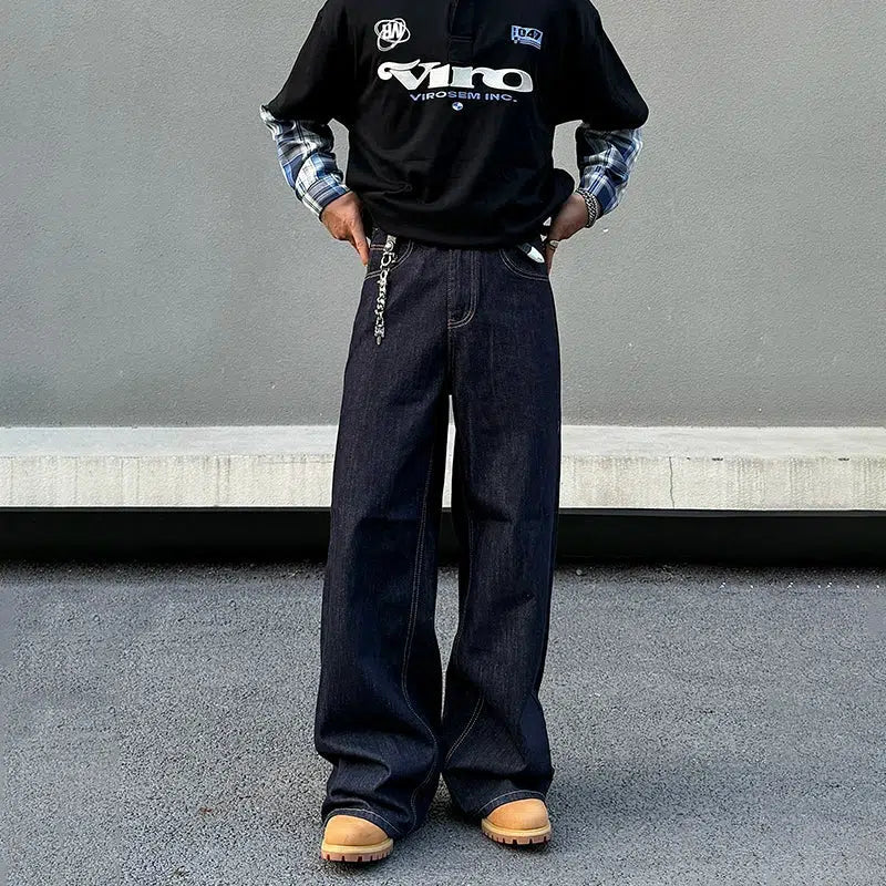 Elegant Comfort Dark Blue Wide-Leg Denim Pants