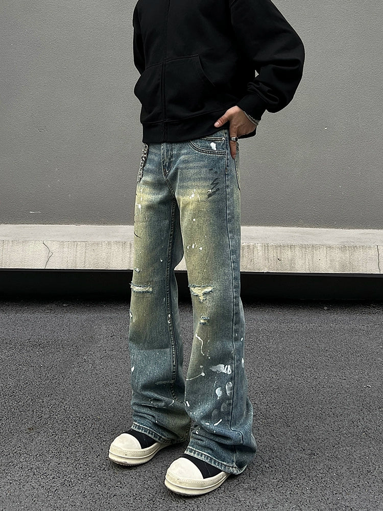 Sports Style Distressed Paint Splatter Wide-Leg Jeans