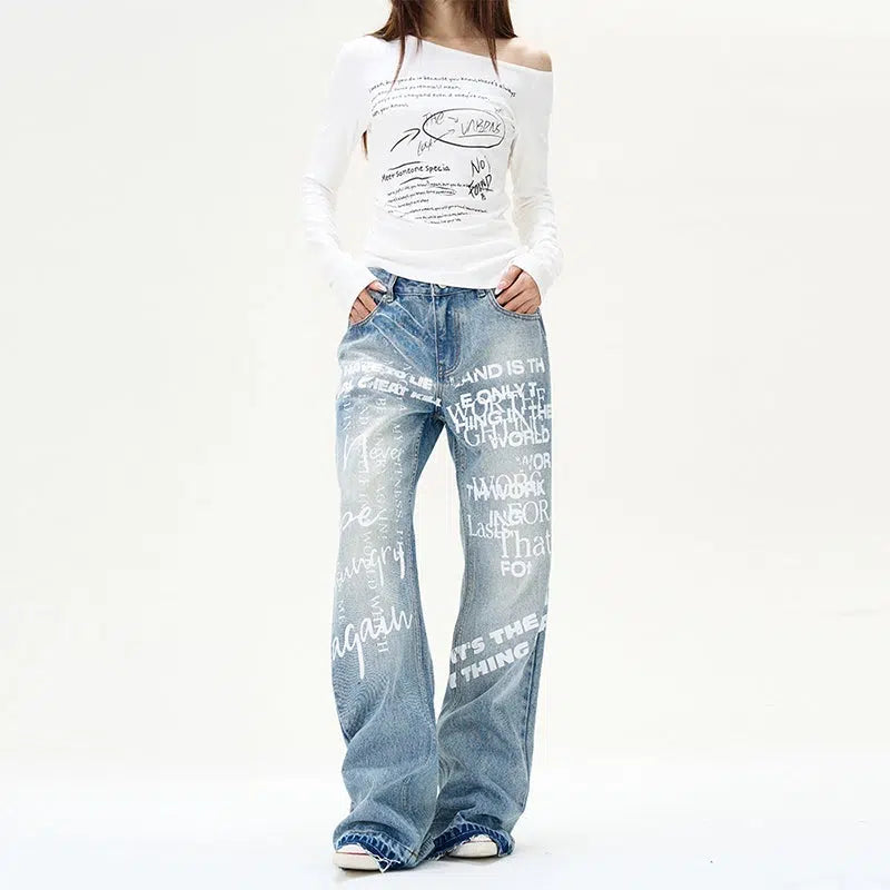 Graphic Print Wide-Leg Jeans