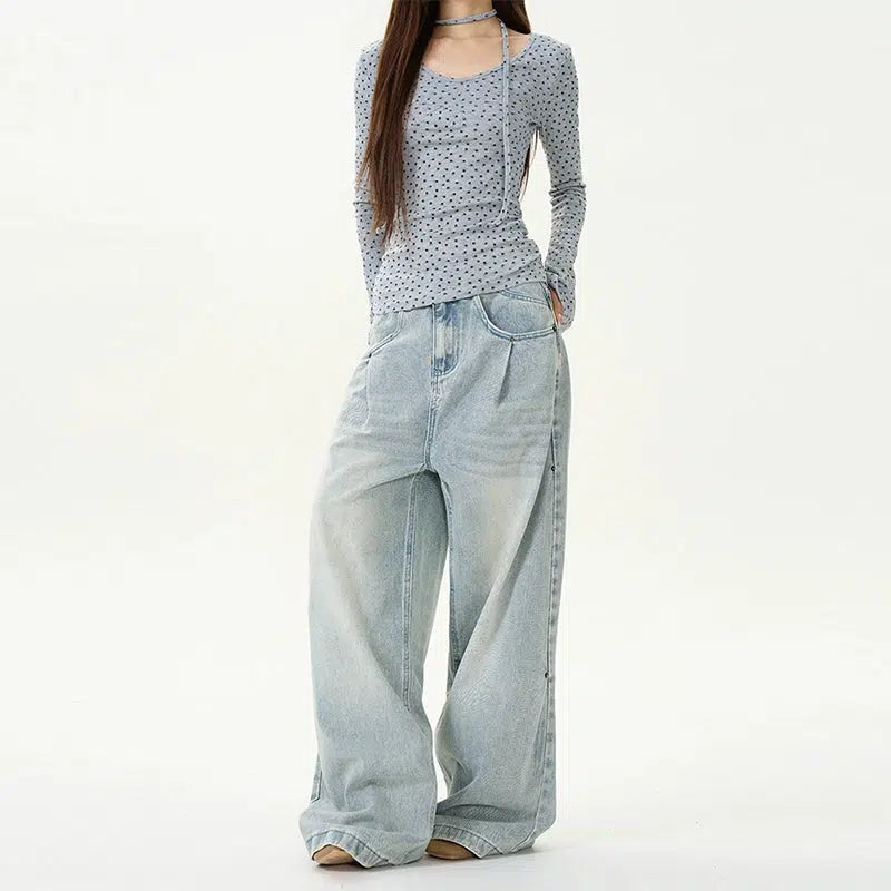 Pleated Wide-Leg Denim Pants