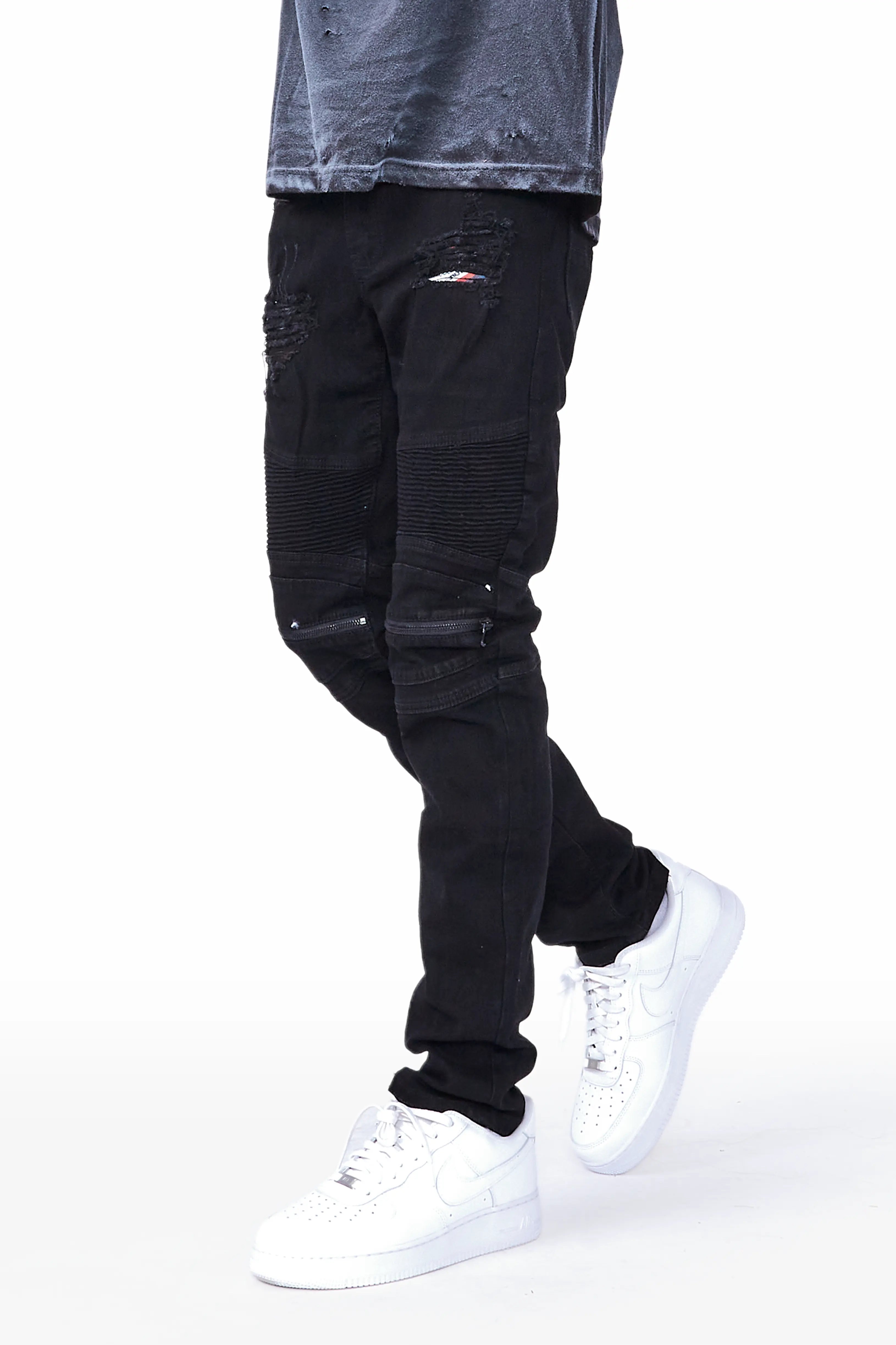 British Style Bk Signature Biker / Zipper Knee Jean- Black