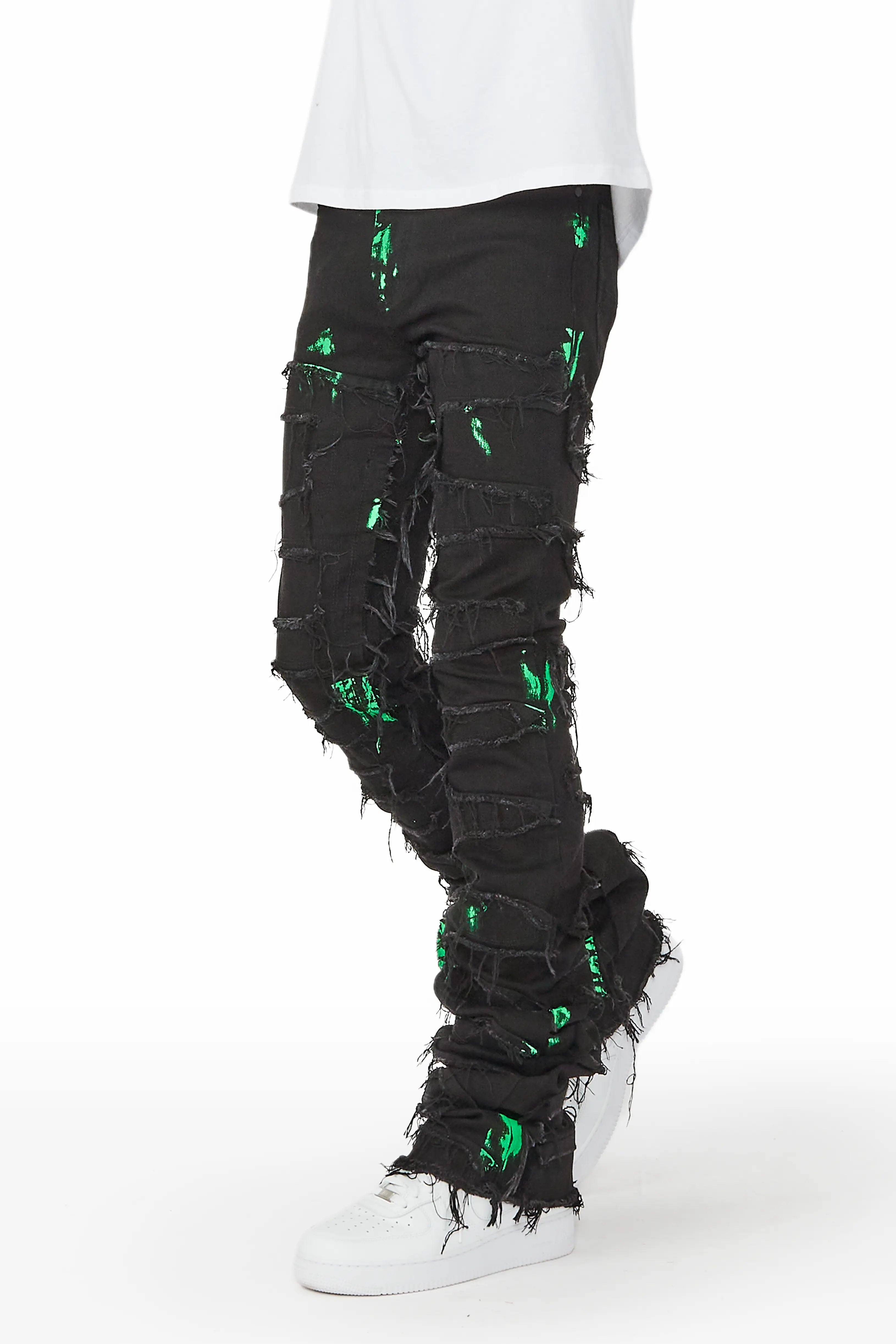 Gideon Black/Green Super Stacked Flare Jean