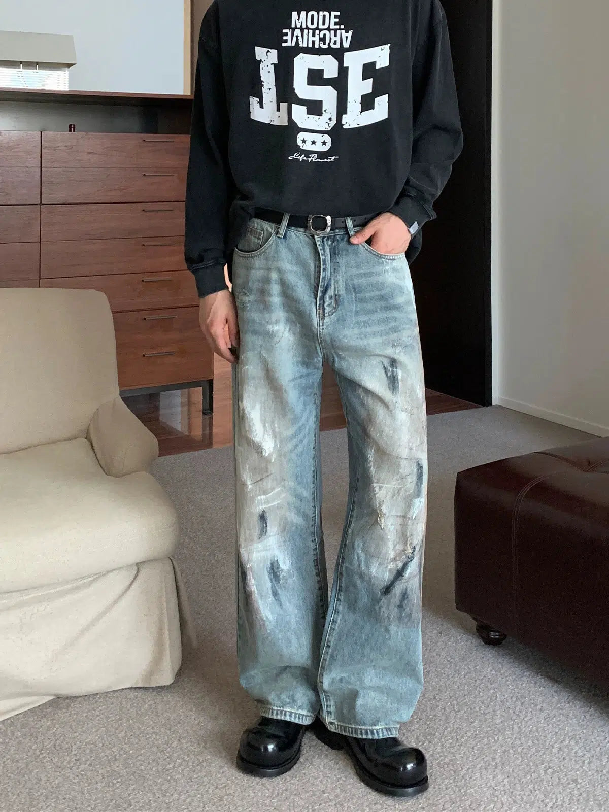 Washed Dirty Wide-Leg Jeans