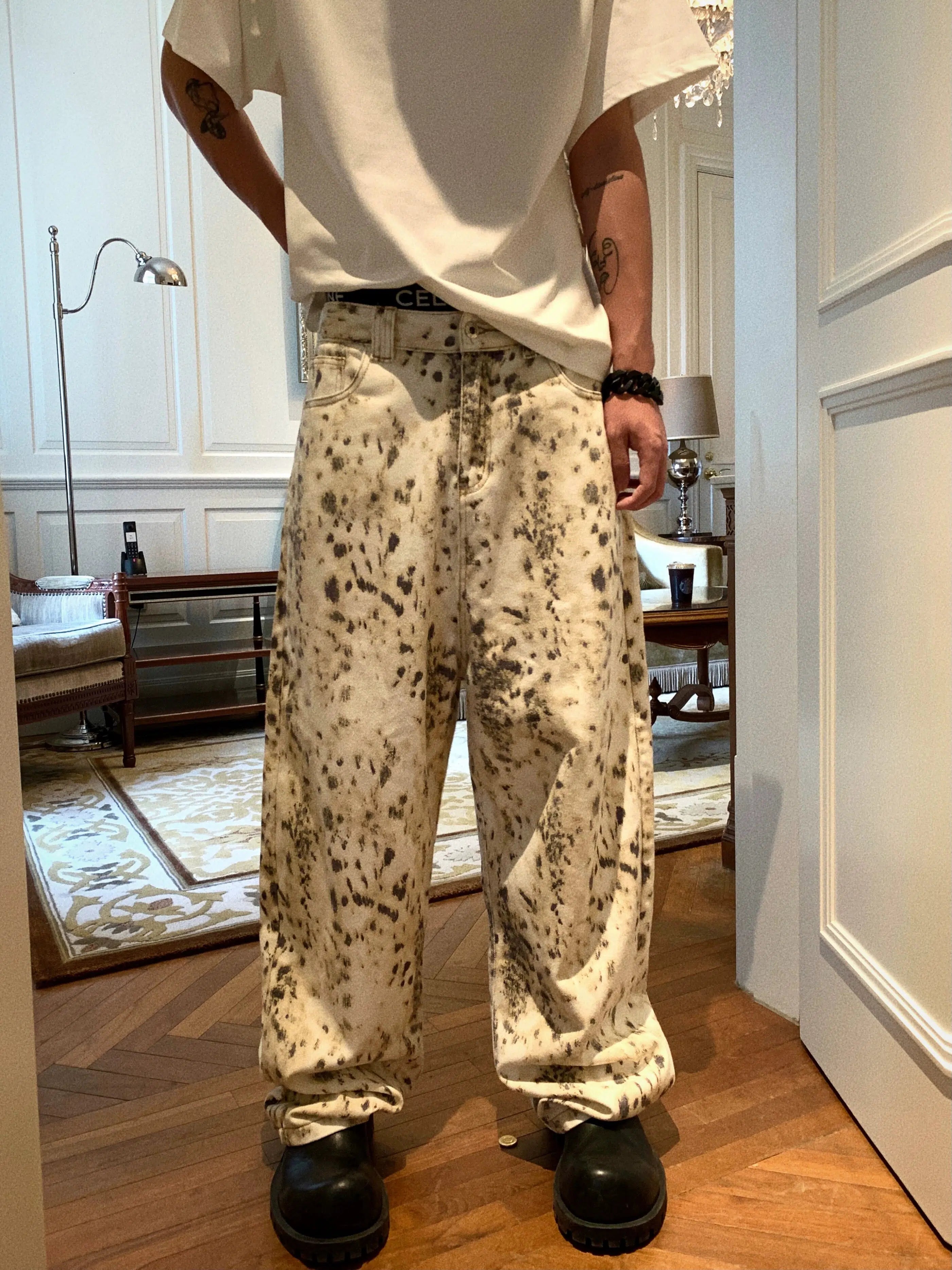 Summer Selection Washed Leopard Wide-Leg Denim Pants