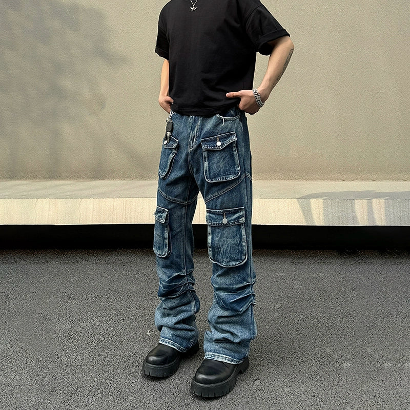 Washed Multi-pocket Straight Jeans