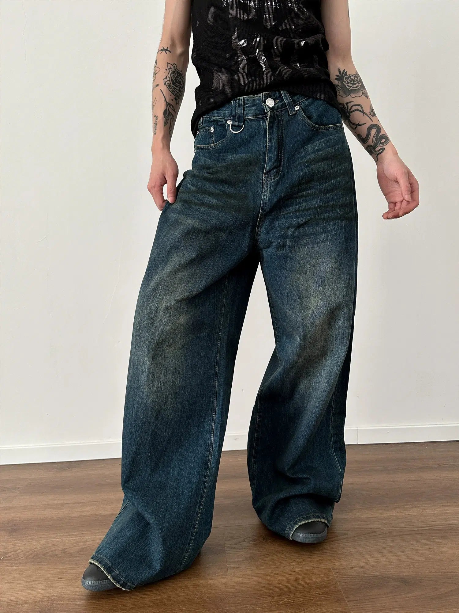 Wide-Leg Faded Denim Pants