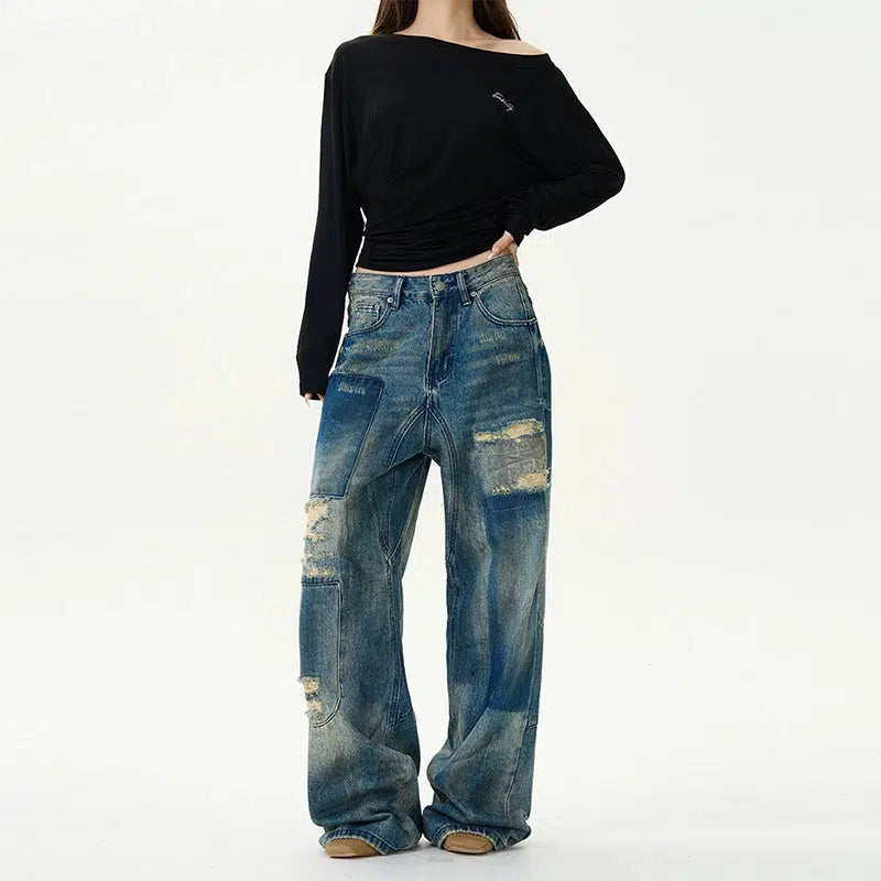 Wide-Leg Distressed Denim Pants