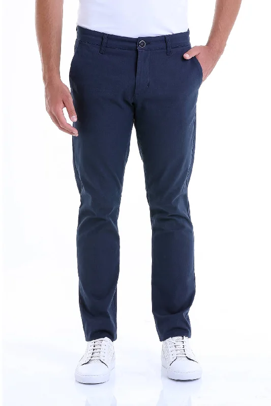 Regular Fit High Waist Navy Cotton Casual Pants