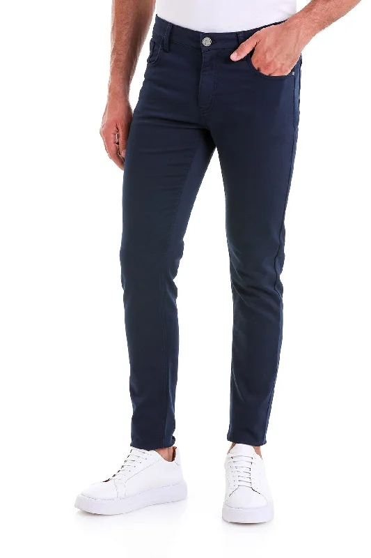 Slim Fit Low Waist Navy Cotton Casual Pants