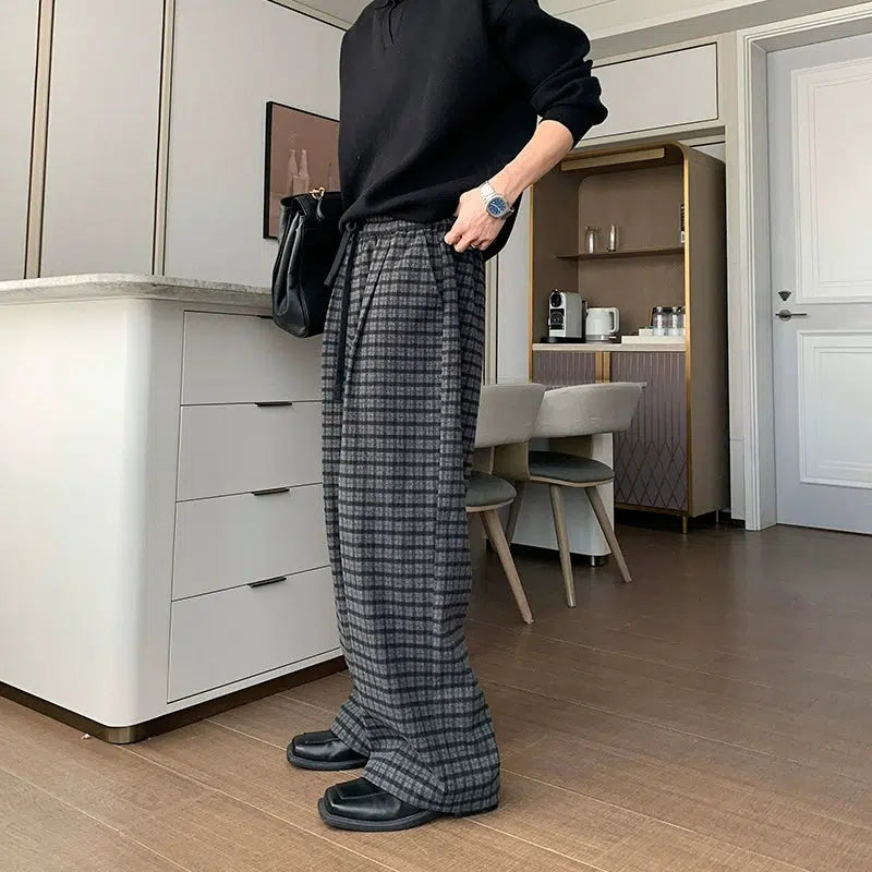 Wide-Leg Plaid Casual Pants