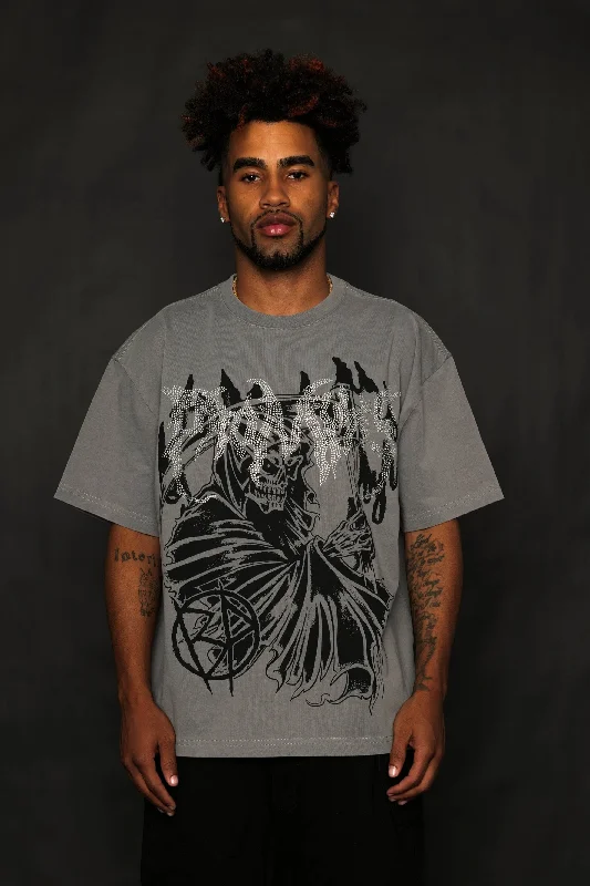 Trendy Layers Agony Grey Rhinestone Boxy Tee
