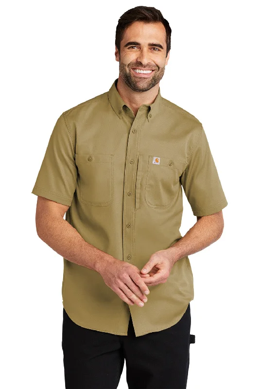 Carhartt Mens Rugged Professional Series Wrinkle Resistant Short Sleeve Button Down Shirt w/ Pocket - Dark Khaki Brown