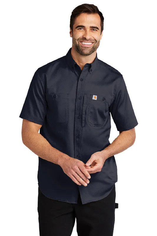 Carhartt Mens Rugged Professional Series Wrinkle Resistant Short Sleeve Button Down Shirt w/ Pocket - Navy Blue