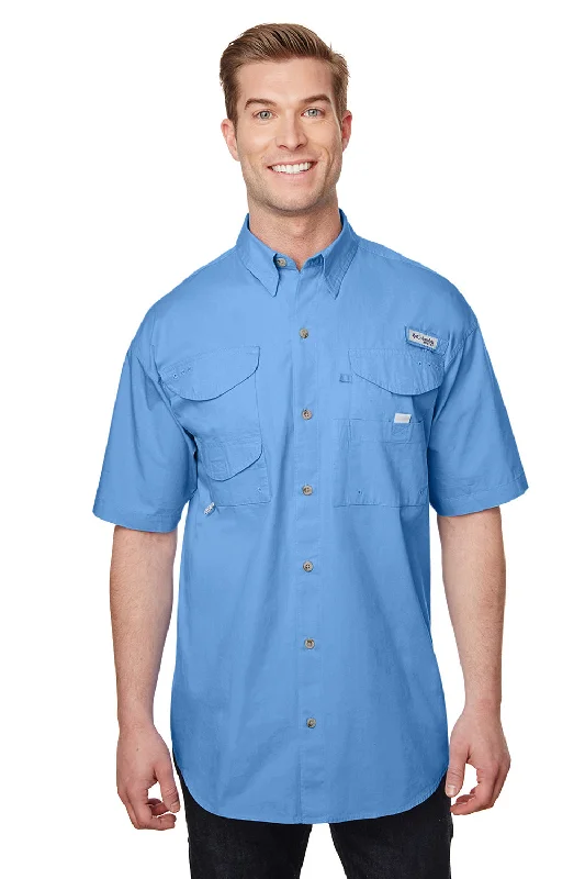 Columbia Mens Bonehead Short Sleeve Button Down Shirt w/ Double Pockets - White Cap Blue