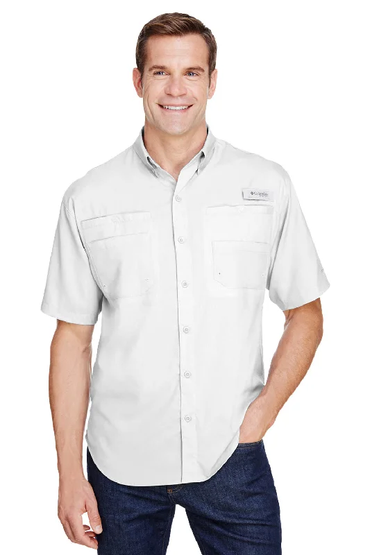 Columbia Mens Tamiami II Moisture Wicking Short Sleeve Button Down Shirt w/ Double Pockets - White