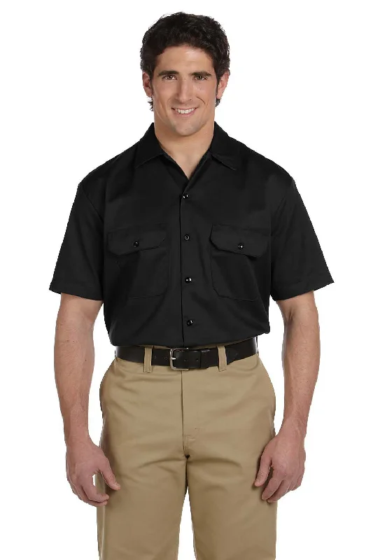 Dickies Mens Moisture Wicking Short Sleeve Button Down Shirt w/ Double Pockets - Black