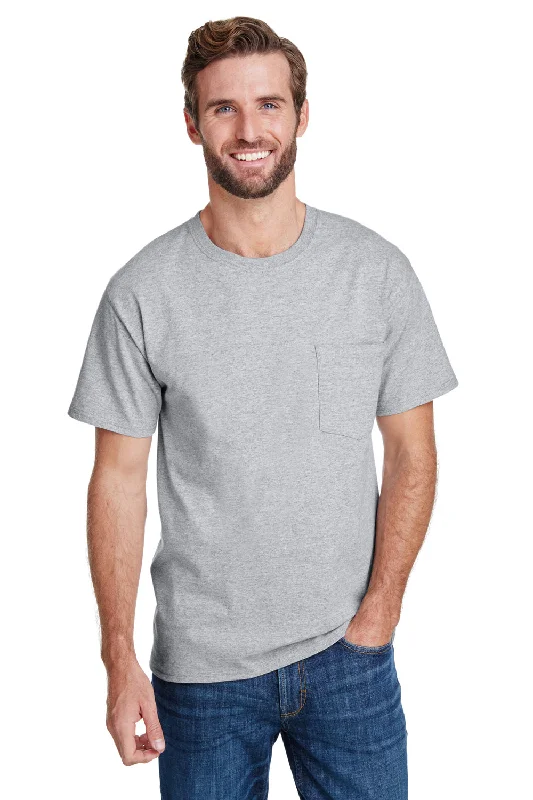 Hanes Mens Workwear UPF 50+ Short Sleeve Crewneck T-Shirt w/ Pocket - Light Steel Grey