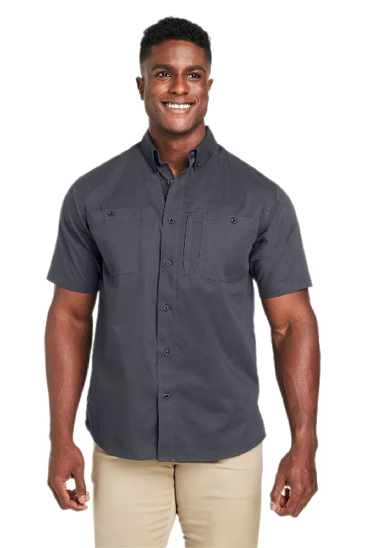 Harriton Mens Advantage Wrinkle Resistant Short Sleeve Button Down Shirt w/ Double Pockets - Dark Charcoal Grey