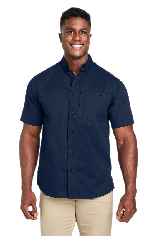 Harriton Mens Advantage Wrinkle Resistant Short Sleeve Button Down Shirt w/ Double Pockets - Dark Navy Blue