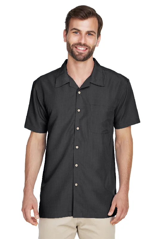 Harriton Mens Barbados Wrinkle Resistant Short Sleeve Button Down Camp Shirt w/ Pocket - Black