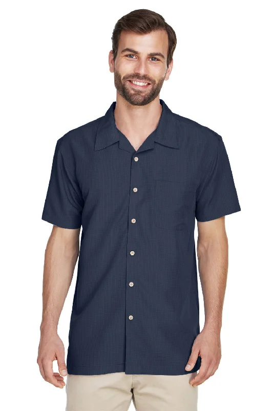 Harriton Mens Barbados Wrinkle Resistant Short Sleeve Button Down Camp Shirt w/ Pocket - Navy Blue