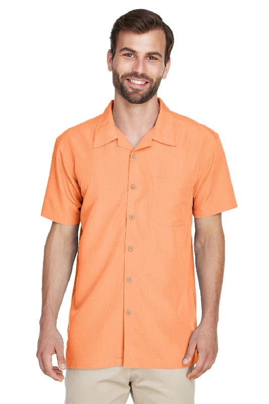 Harriton Mens Barbados Wrinkle Resistant Short Sleeve Button Down Camp Shirt w/ Pocket - Nectarine Orange