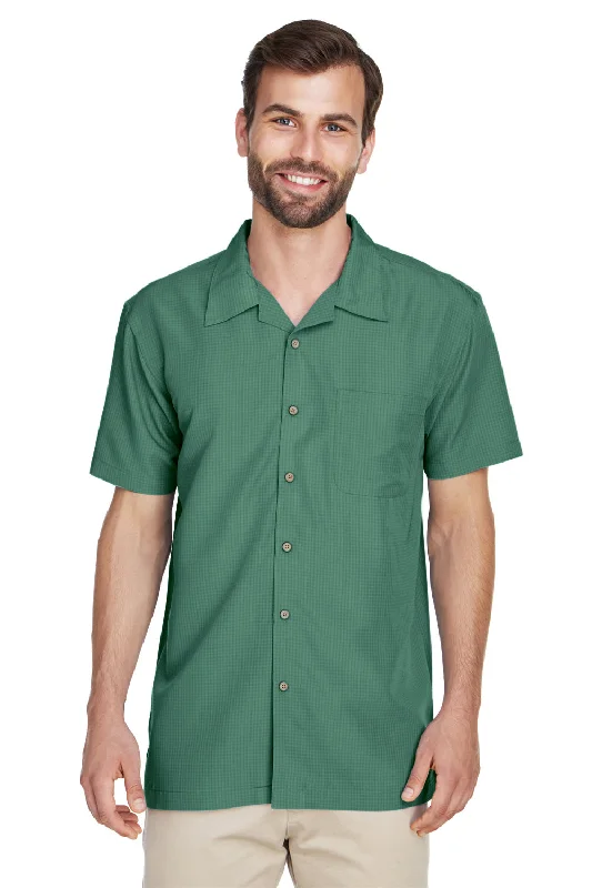 Harriton Mens Barbados Wrinkle Resistant Short Sleeve Button Down Camp Shirt w/ Pocket - Palm Green