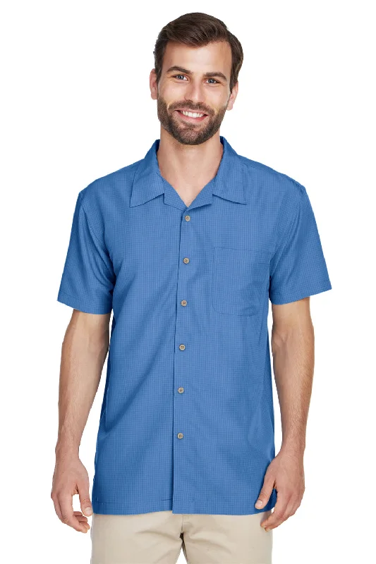 Harriton Mens Barbados Wrinkle Resistant Short Sleeve Button Down Camp Shirt w/ Pocket - Pool Blue