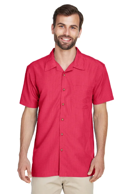 Harriton Mens Barbados Wrinkle Resistant Short Sleeve Button Down Camp Shirt w/ Pocket - Parrot Red