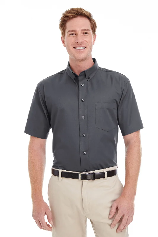 Harriton Mens Foundation Stain Resistant Short Sleeve Button Down Shirt w/ Pocket - Dark Charcoal Grey - Closeout