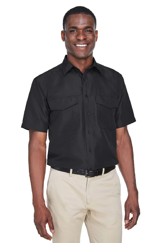 Harriton Mens Key West Performance Moisture Wicking Short Sleeve Button Down Shirt w/ Double Pockets - Black