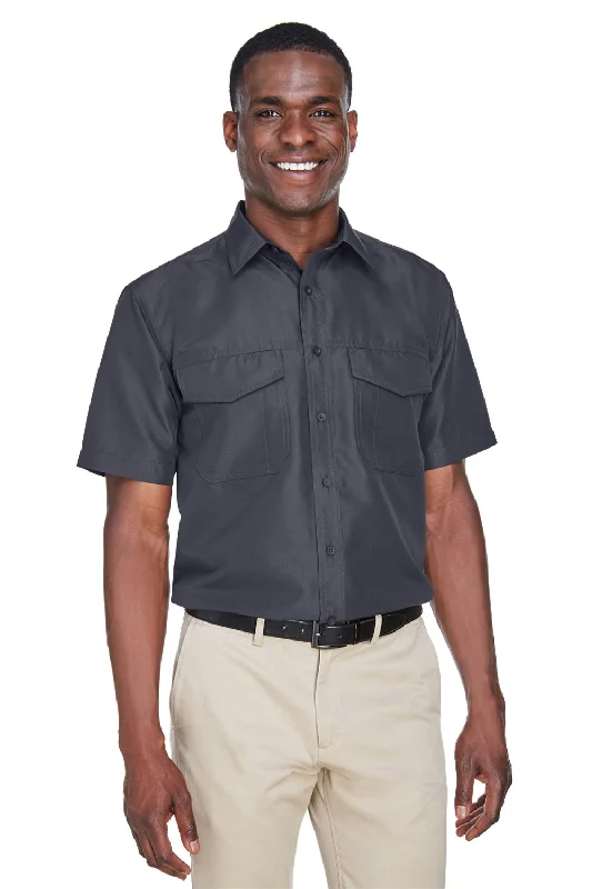 Harriton Mens Key West Performance Moisture Wicking Short Sleeve Button Down Shirt w/ Double Pockets - Dark Charcoal Grey