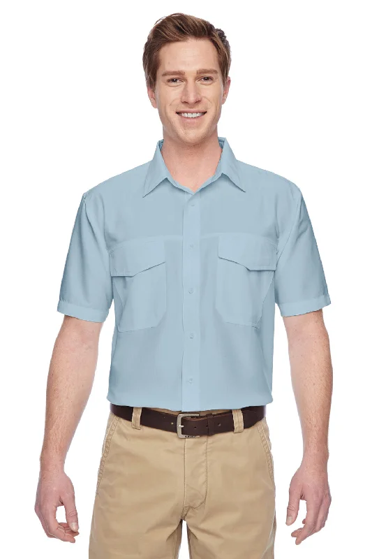 Harriton Mens Key West Performance Moisture Wicking Short Sleeve Button Down Shirt w/ Double Pockets - Cloud Blue