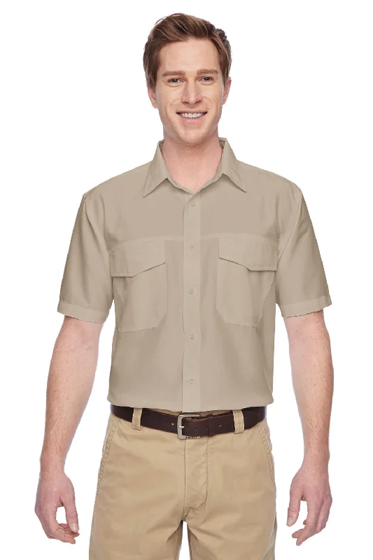 Harriton Mens Key West Performance Moisture Wicking Short Sleeve Button Down Shirt w/ Double Pockets - Khaki