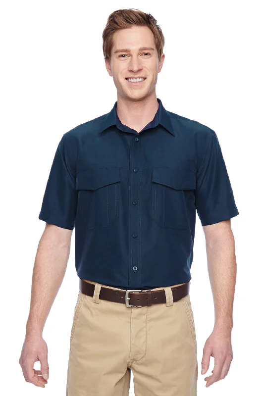 Harriton Mens Key West Performance Moisture Wicking Short Sleeve Button Down Shirt w/ Double Pockets - Navy Blue