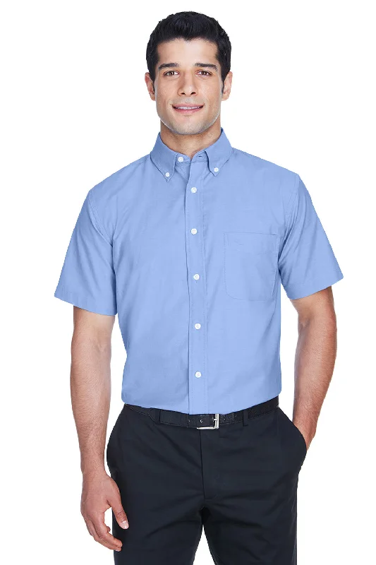 Harriton Mens Oxford Wrinkle Resistant Short Sleeve Button Down Shirt w/ Pocket - Light Blue