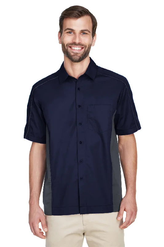 North End Mens Fuse UV Protection Short Sleeve Button Down Shirt w/ Pocket - Classic Navy Blue/Carbon Grey - Closeout