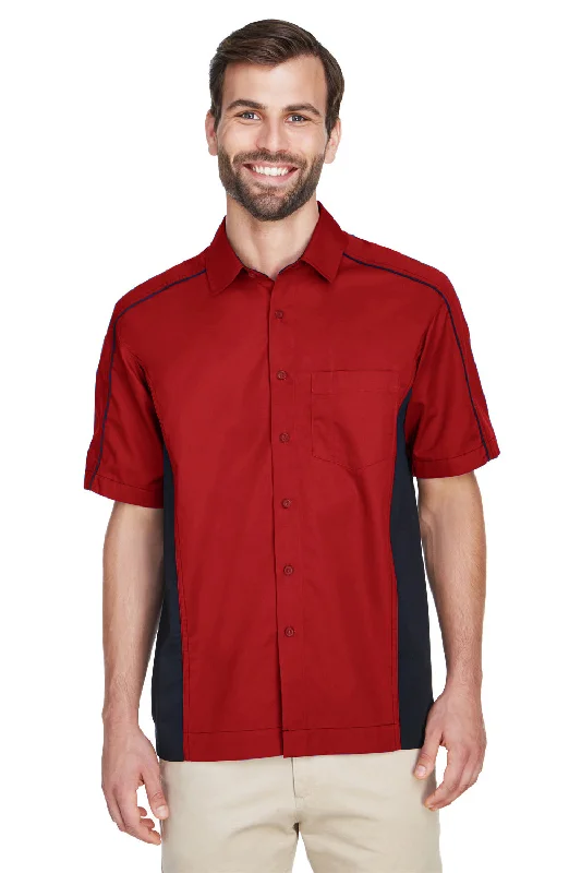 North End Mens Fuse UV Protection Short Sleeve Button Down Shirt w/ Pocket - Classic Red/Black - Closeout