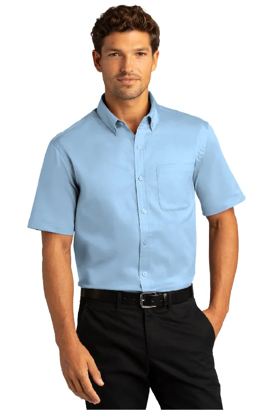 Port Authority Mens SuperPro Wrinkle Resistant React Short Sleeve Button Down Shirt w/ Pocket - Cloud Blue